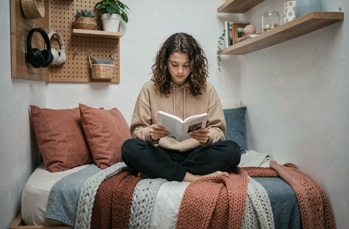 Adolescente lisant sur son lit dans une chambre étroite décorée avec des textiles chaleureux et un mur pegboard organisé