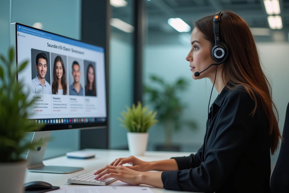 Agent de service client parlant au casque dans un bureau contemporain