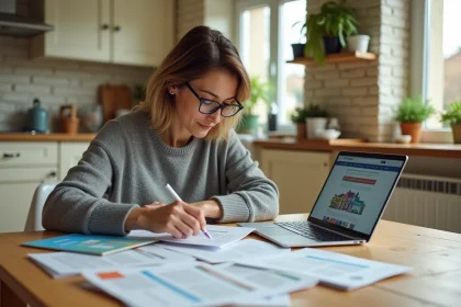 Femme consultant des documents sur les aides à la rénovation énergétique à sa table de cuisine