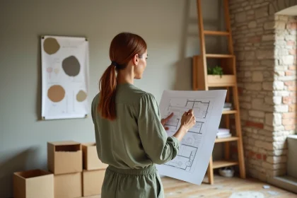Femme tenant un plan d'aménagement intérieur dans un salon en cours de rénovation avec des murs en pierre et un parquet en chêne brut