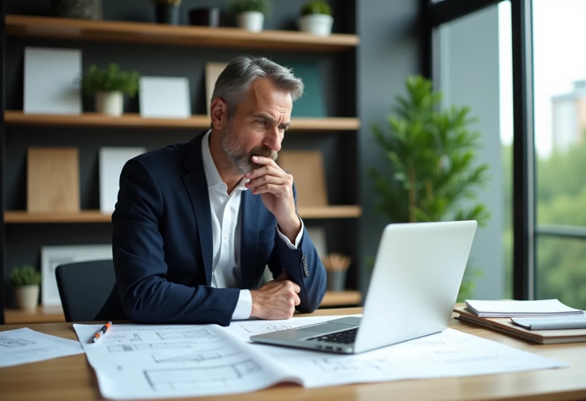 Architecte homme examine plans dans un bureau moderne