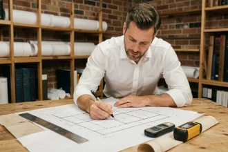 Architecte calculant des surfaces et volumes sur des plans techniques avec règle et mètre laser