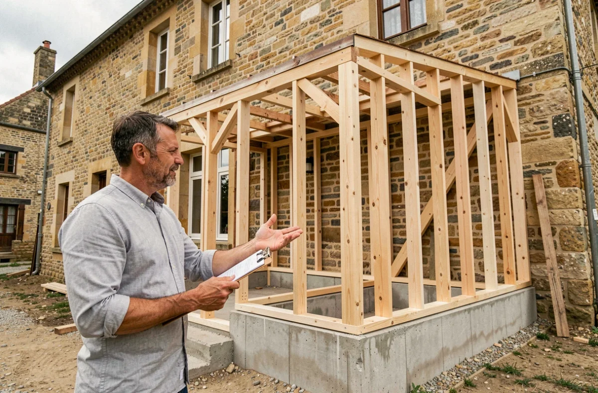 Architecte devant une extension en ossature bois accolée à une maison en pierre traditionnelle