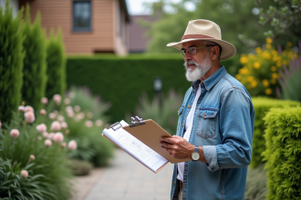 Architecte paysagiste homme examinant un plan de jardin