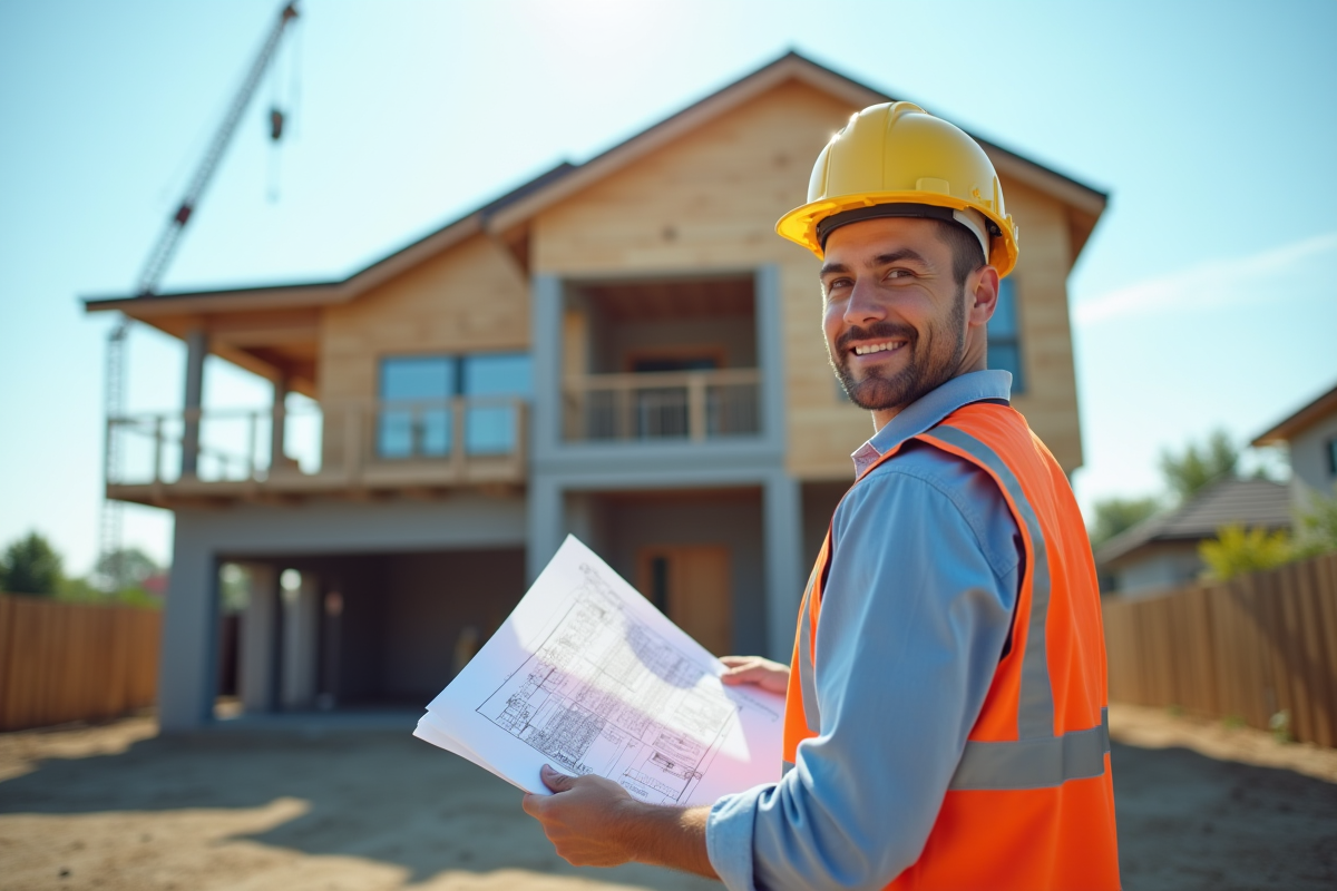 Architecte avec plans devant une maison en rénovation