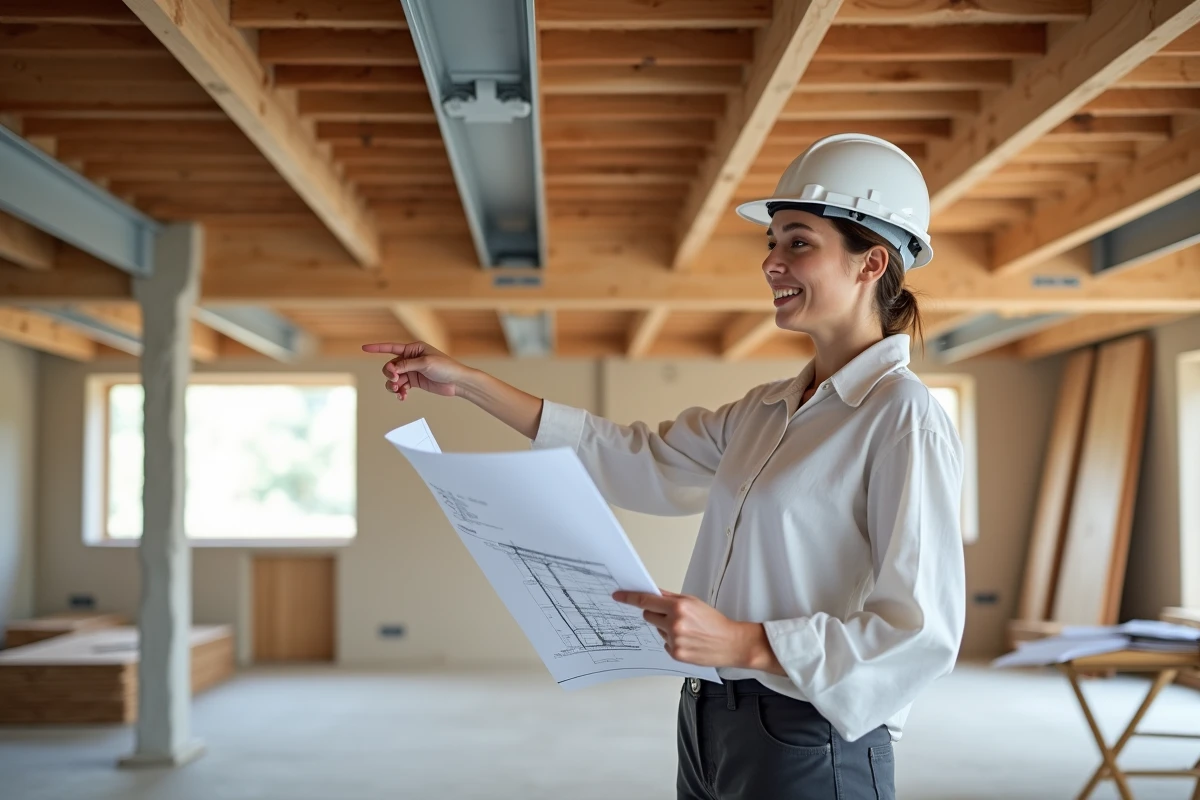 Architecte féminine examinant un plan structurel devant un plancher bois intégrant un profilé IPN dans un chantier de rénovation résidentielle