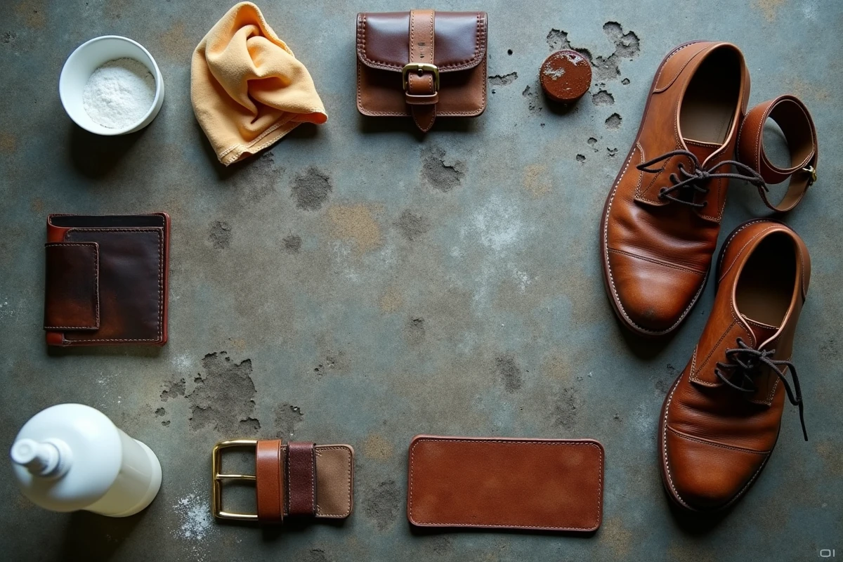 Vue de dessus d'articles en cuir endommagés par l'eau et les moisissures — portefeuille, ceinture et chaussures — posés sur du béton avec des produits de nettoyage naturels