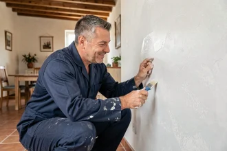 Artisan professionnel inspectant un mur fraîchement peint dans un appartement à Montpellier