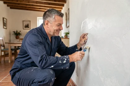 Artisan professionnel inspectant un mur fraîchement peint dans un appartement à Montpellier