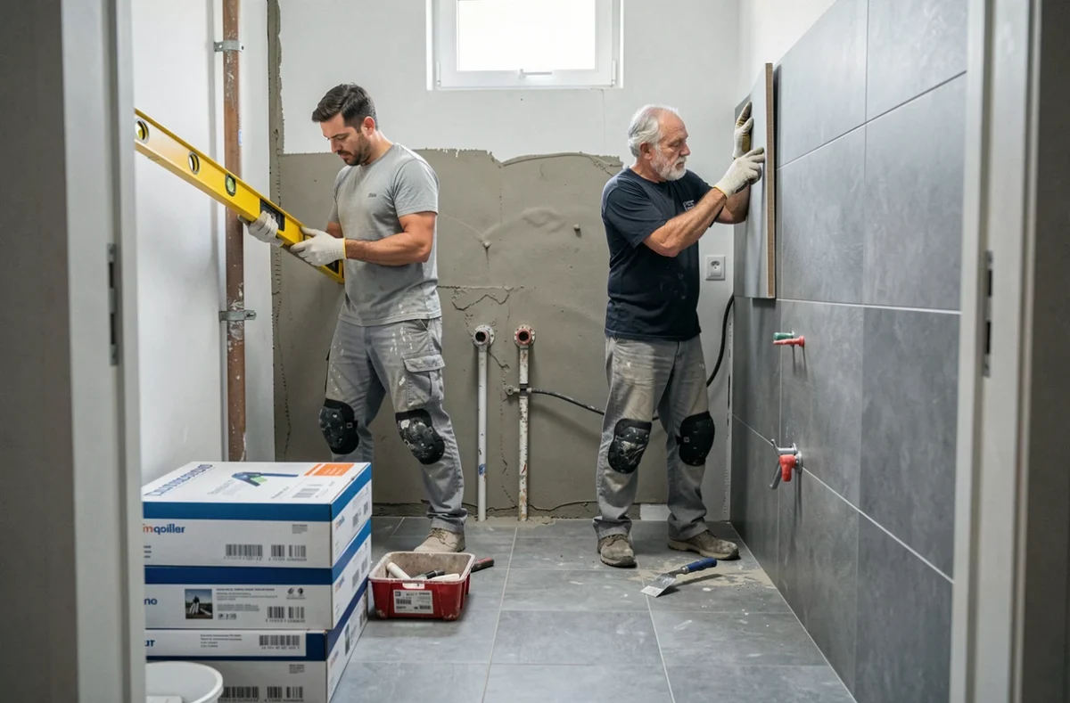 Deux artisans carreleurs posant du carrelage dans une salle de bain en rénovation à Montpellier