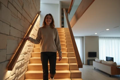 Femme dans un int&eacute;rieur moderne montant un escalier lumineux