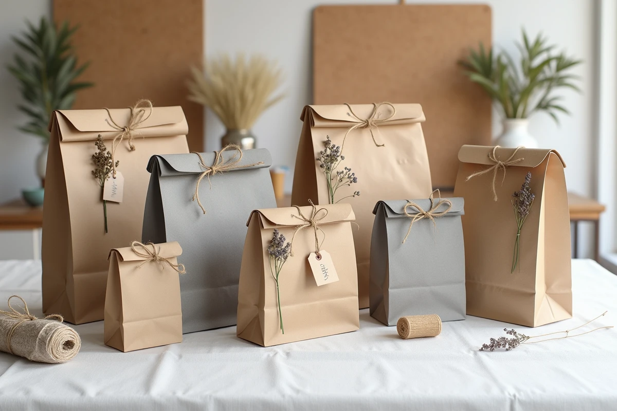 Assortiment de pochettes cadeaux en papier éco-responsable posées à plat avec rubans en jute et fleurs séchées