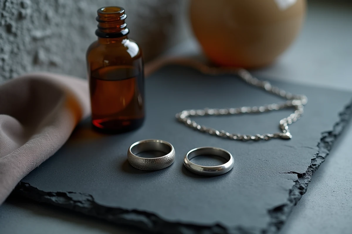 Comparaison avant après nettoyage de bagues et collier en argent avec un produit nettoyant bijoux professionnel