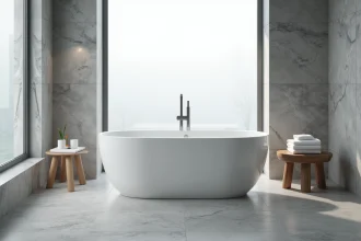 Baignoire balnéo autoportante blanche avec jets hydromassants dans une salle de bain moderne en marbre gris