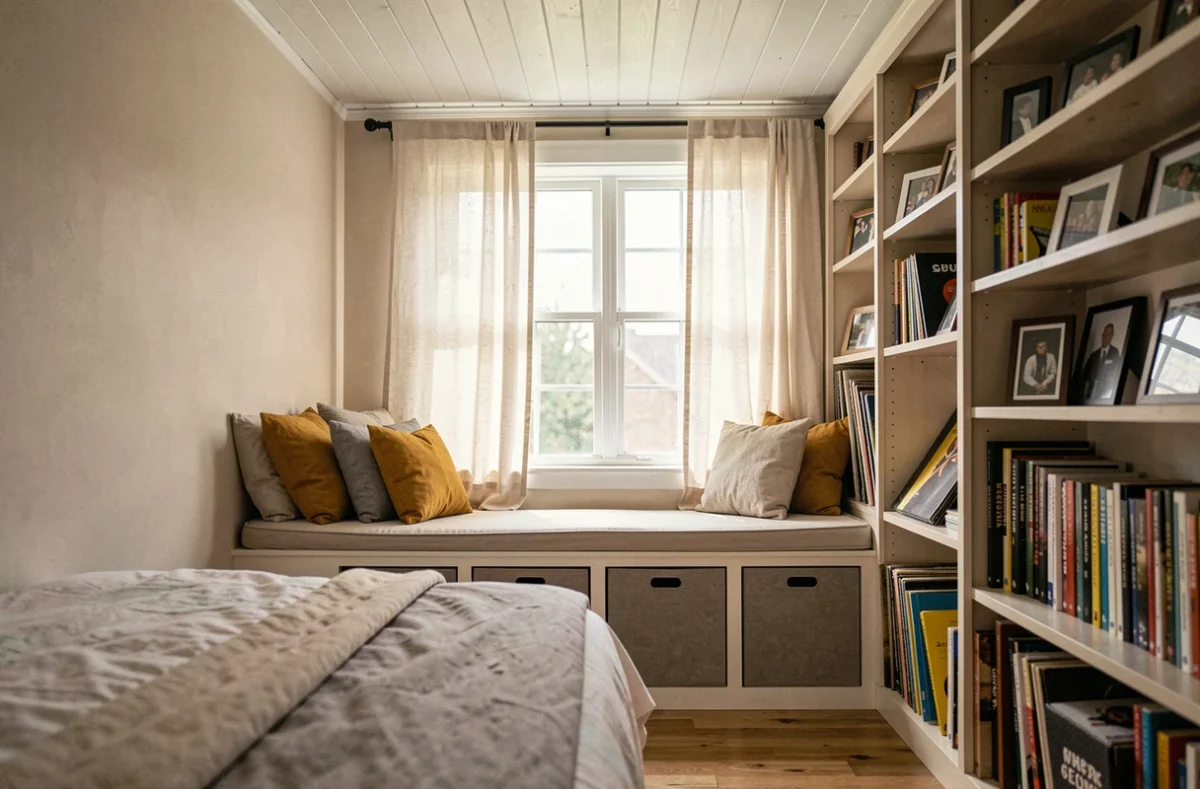 Coin fenêtre avec banquette de rangement dans une chambre ado en longueur lumineuse et bien aménagée