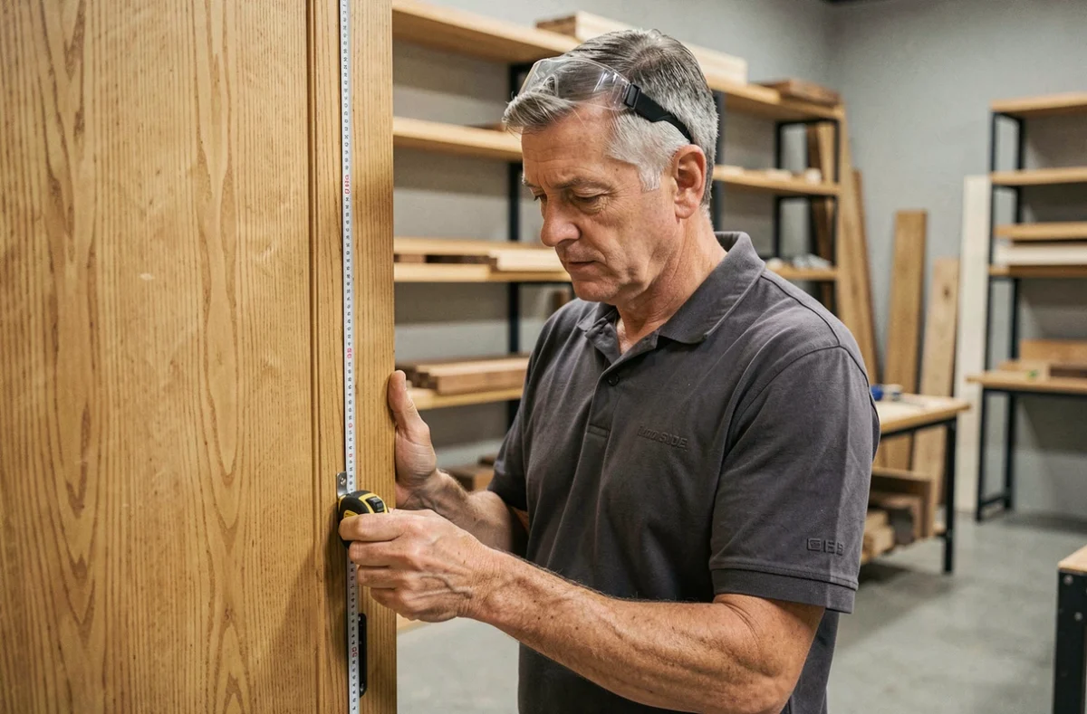 Artisan menuisier de l'entreprise Bard mesurant un cadre de porte en chêne dans son atelier moderne