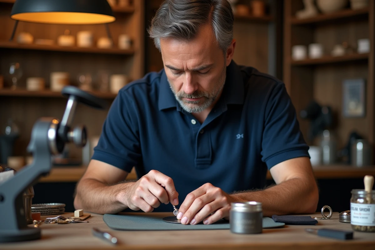 Bijoutier professionnel nettoyant une bague en argent avec une brosse et un produit nettoyant argent dans un atelier