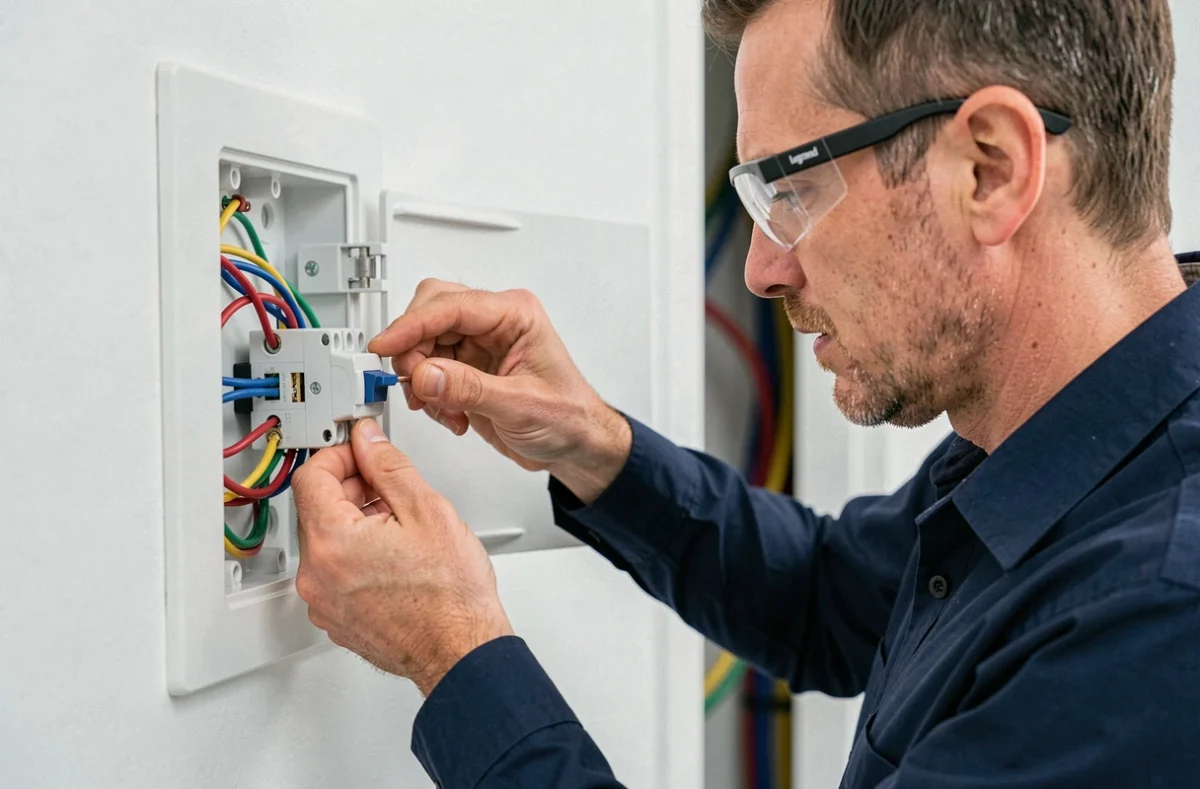Électricien connectant un bouton poussoir Legrand sur un tableau mural dans un couloir résidentiel moderne