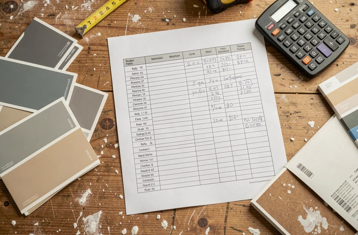 Budget de peinture manuscrit avec échantillons de couleurs, calculatrice et mètre ruban sur une table de chantier en bois