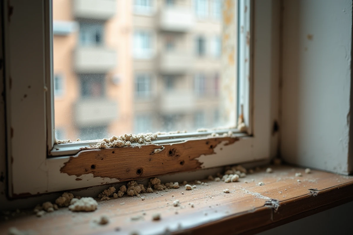 Cadre de fenêtre en bois d'appartement endommagé par des mites du bois avec sciure et trous d'envol visibles