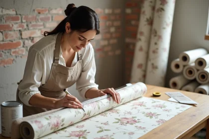 Femme mesurant un rouleau de papier peint sur une table de travail pour calculer la quantité nécessaire pour une pièce de 10m2