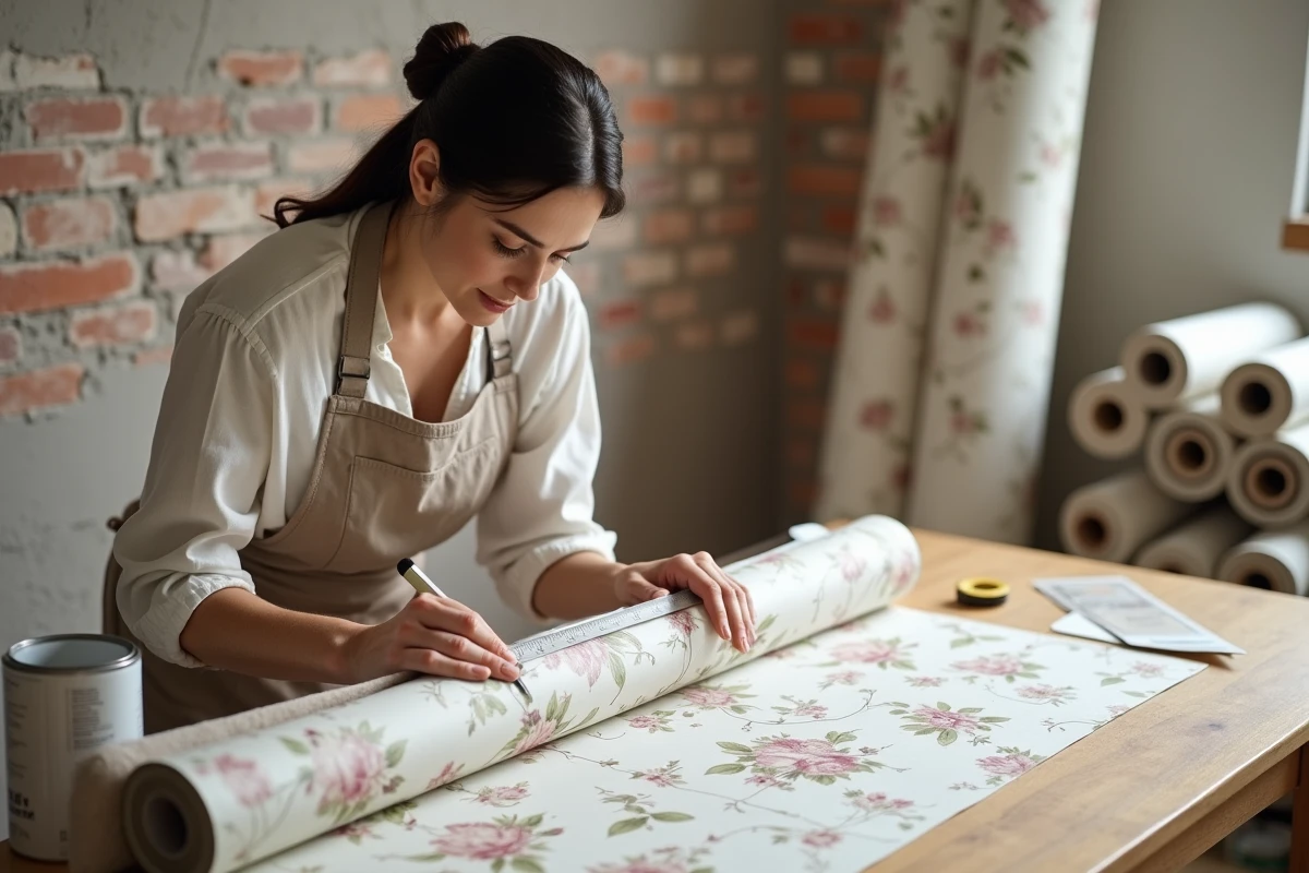 Femme mesurant un rouleau de papier peint sur une table de travail pour calculer la quantité nécessaire pour une pièce de 10m2
