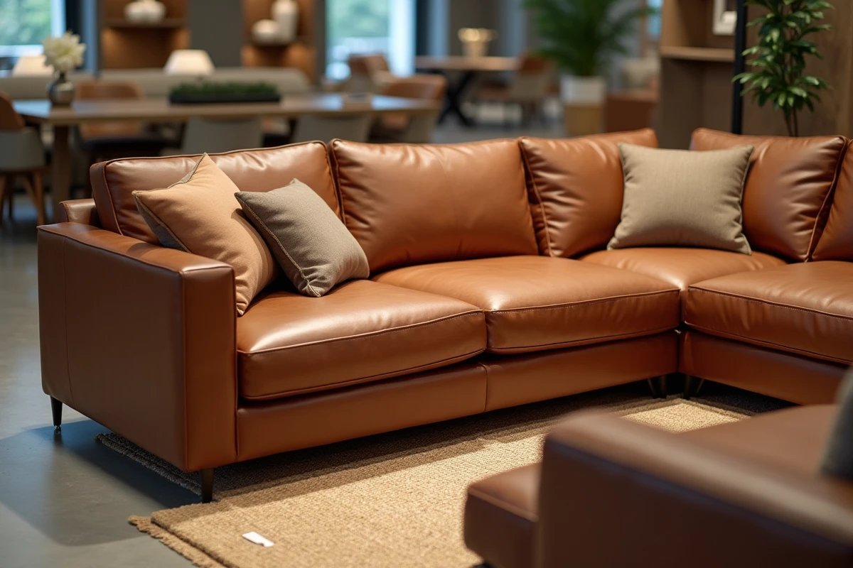 Canapé d'angle en cuir cognac exposé dans le magasin Poltrone et Sofa de Plan de Campagne avec coussins décoratifs
