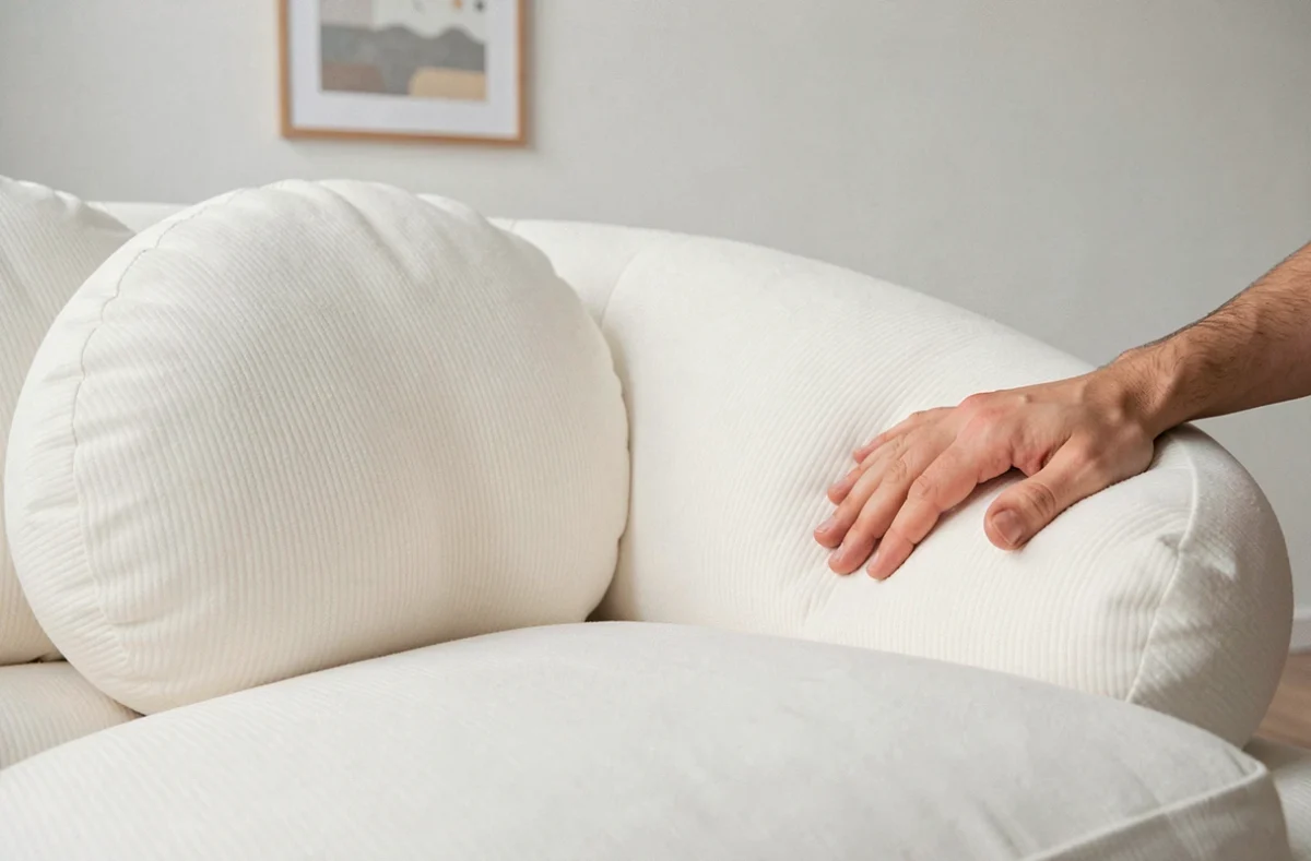 Gros plan sur les coussins moelleux d'un canapé nuage blanc dans un intérieur minimaliste, détail du tissu coton et confort sensoriel