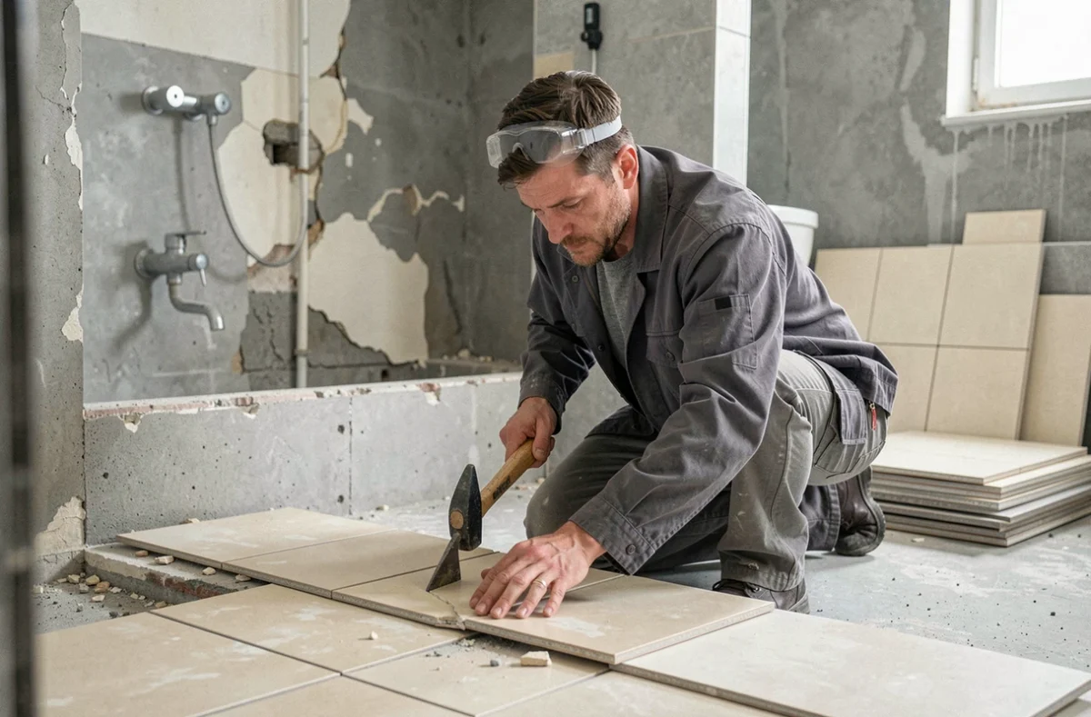 Spécialiste de Carrelage Bourgoin-Jallieu décollant d'anciens carreaux lors d'une rénovation complète de salle de bain