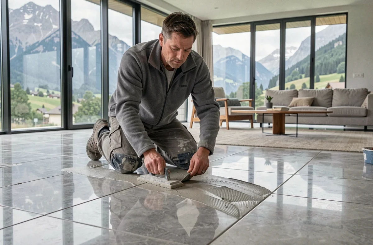 Carreleur de Carrelage Crolles jointoyant un sol en grand format avec vue sur les Alpes en arrière-plan
