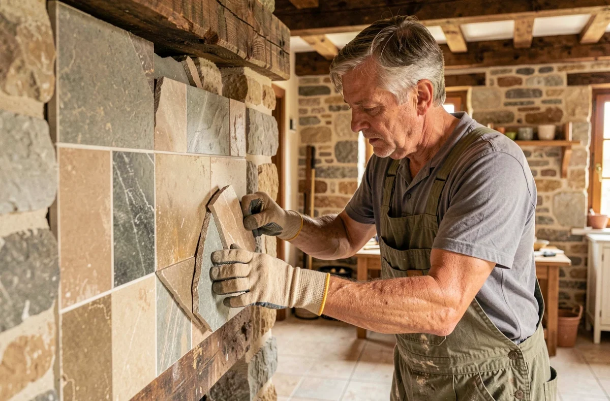 Artisan de Carrelage La Motte-Saint-Martin posant des pierres naturelles autour d'une cheminée de ferme traditionnelle