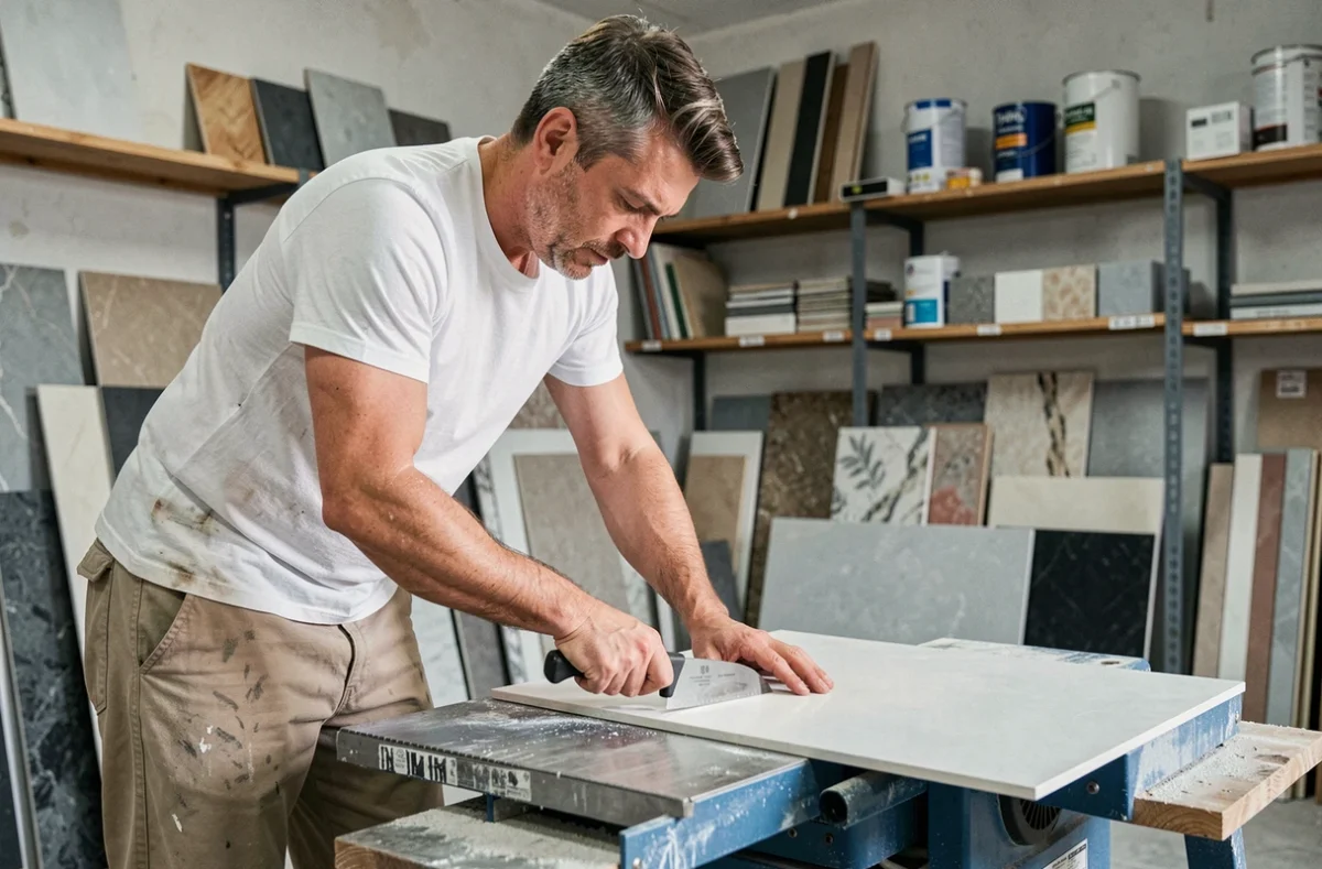 Spécialiste de Carrelage et Rénovation Serpaize découpant du carrelage en grès cérame dans son atelier