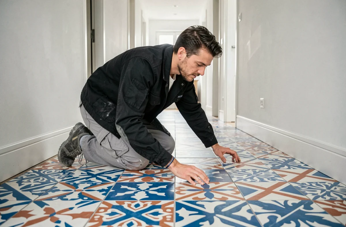 Poseur de Carrelage Vif installant des carreaux de ciment colorés dans un couloir d'appartement moderne