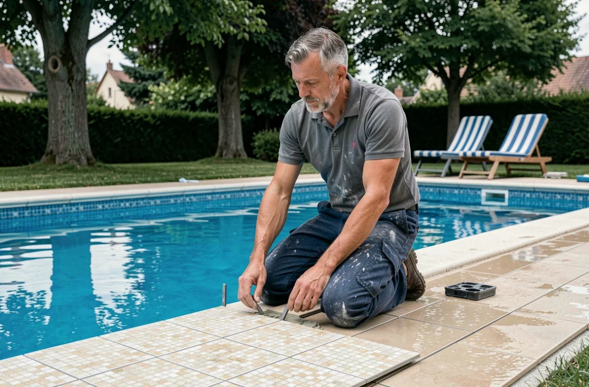 Professionnel de Carrelage Voreppe posant des mosaïques antidérapantes autour d'une piscine résidentielle