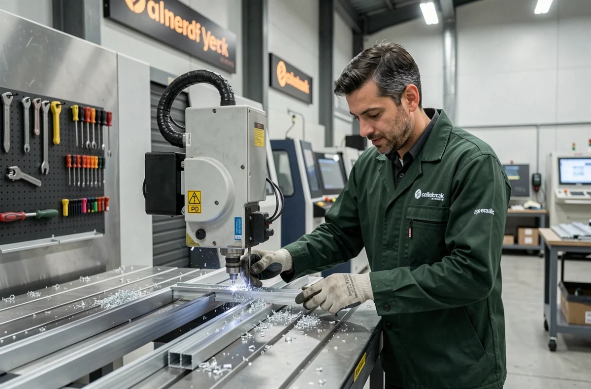 Technicien de Celik Menuiserie utilisant une machine CNC pour découper des profilés en aluminium
