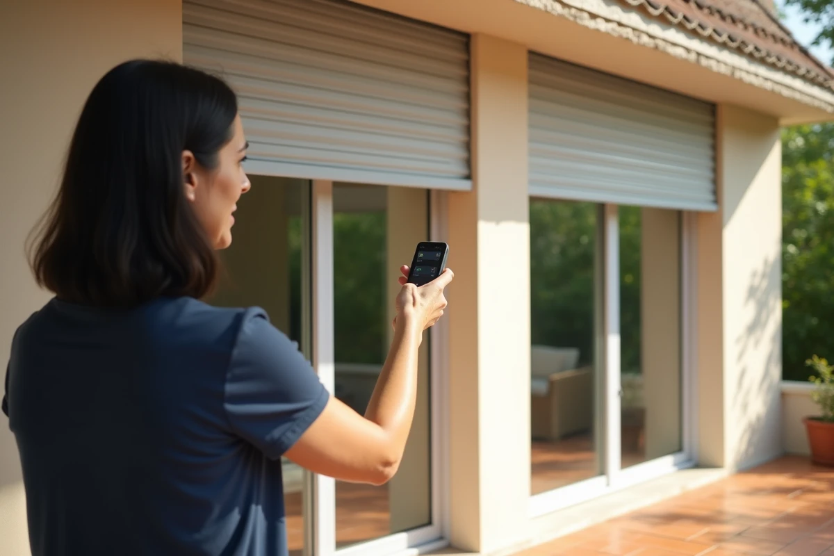 Femme centralisant plusieurs volets roulants extérieurs avec une télécommande Somfy Smoove sur une terrasse