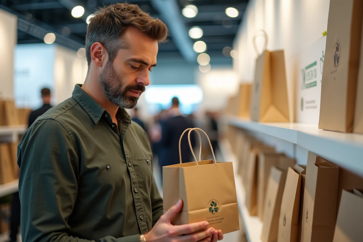 Homme examinant l'étiquette de certification d'une pochette cadeau en papier recyclé lors d'un salon de l'emballage durable