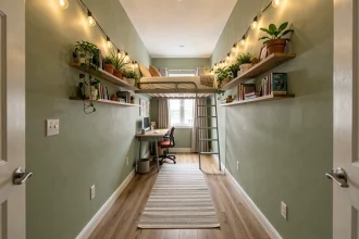 Chambre d'ado en longueur avec lit mezzanine et bureau intégré dans un petit espace bien optimisé