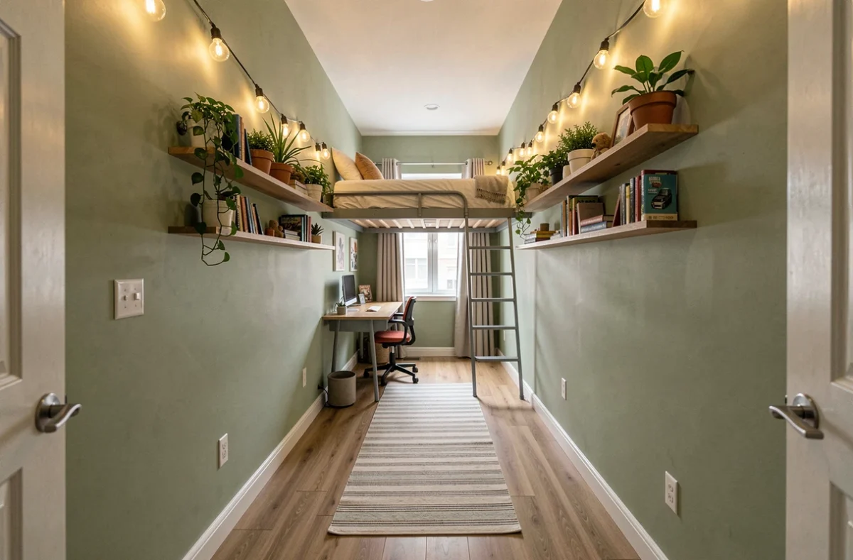 Chambre d'ado en longueur avec lit mezzanine et bureau intégré dans un petit espace bien optimisé