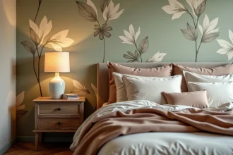 Chambre adulte cocooning avec papier peint botanique vert sauge et literie en lin ivoire sur parquet en chêne