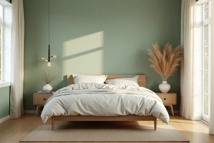 Chambre apaisante décorée en vert sauge doux et blanc cassé avec literie en lin texturée et parquet chêne