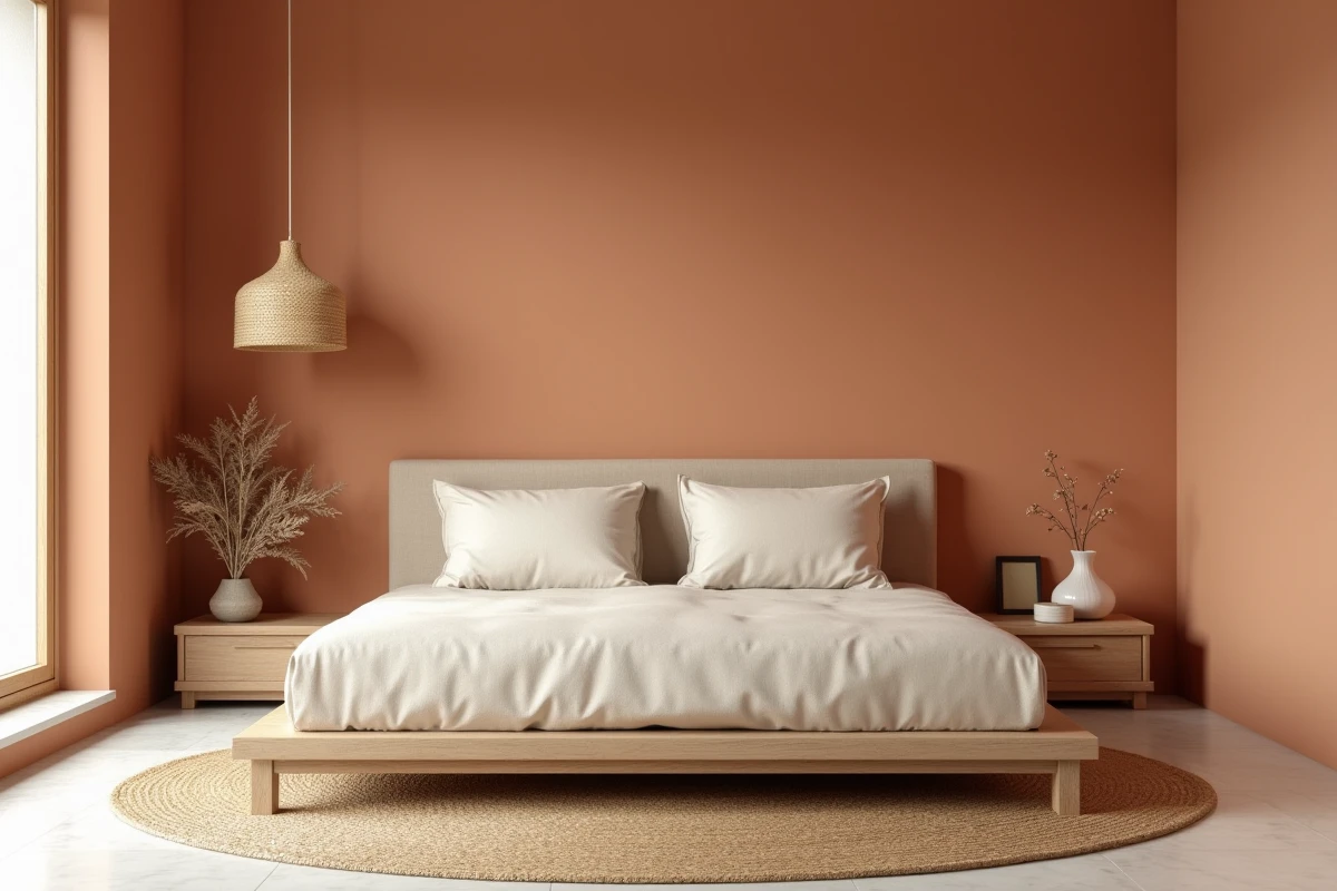 Chambre minimaliste aux tons terracotta et sable avec lit plateforme en lin, tapis jute et mur texturé