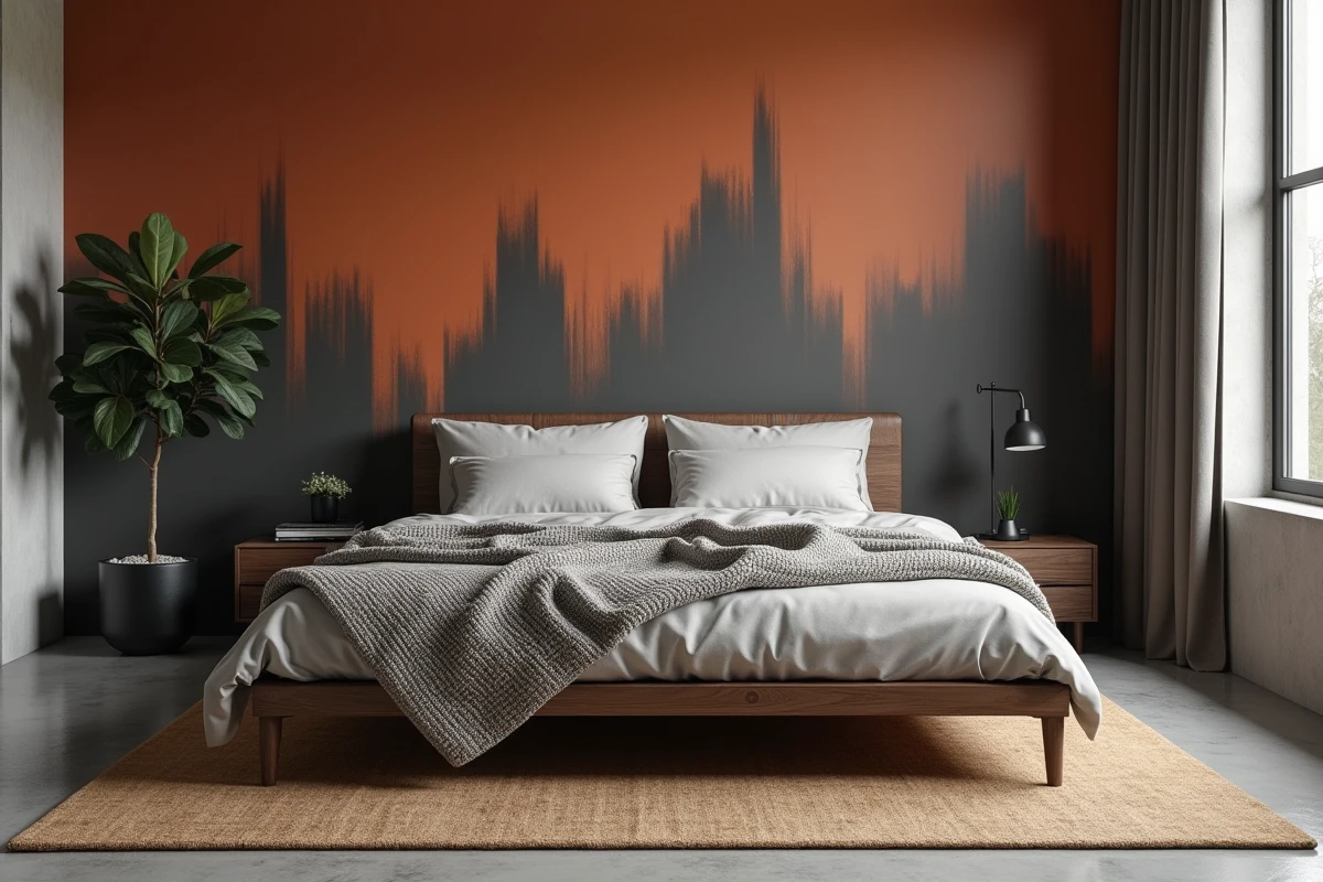 Chambre adulte avec papier peint graphique charbon et terracotta, literie en maille épaisse et sol en béton poli