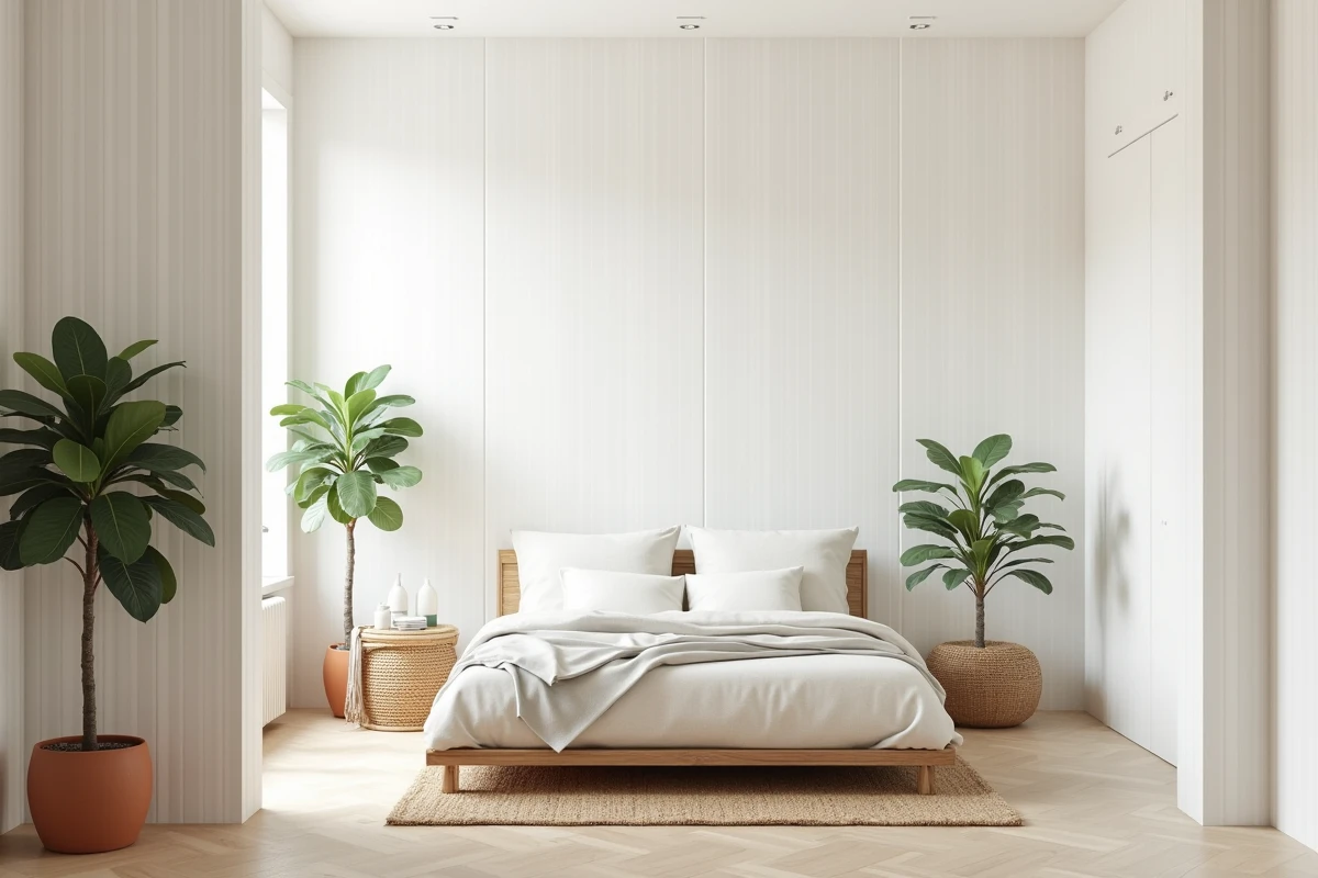 Chambre moderne entièrement tapissée de papier peint intissé blanc à rayures verticales avec décoration naturelle
