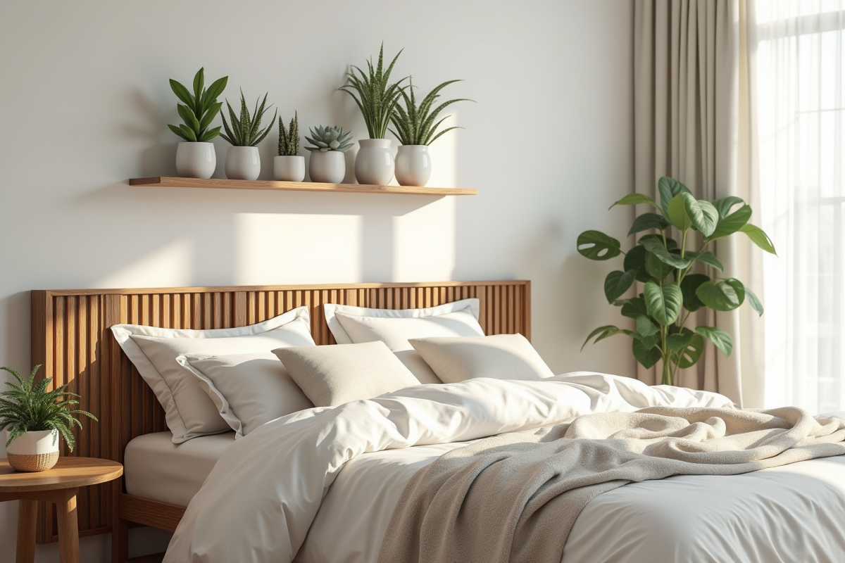 Chambre scandinave avec tête de lit en bois et plantes d