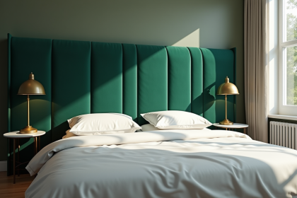 Chambre moderne avec tête de lit en velours vert émeraude