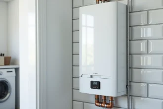Chaudière électrique murale pour chauffage central installée dans une buanderie moderne avec tuyauterie en cuivre
