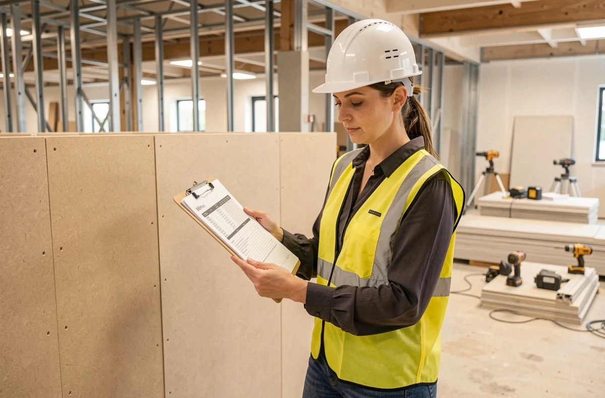 Chef de chantier féminine consultant un budget de travaux devant une cloison double montant en placo en cours de construction