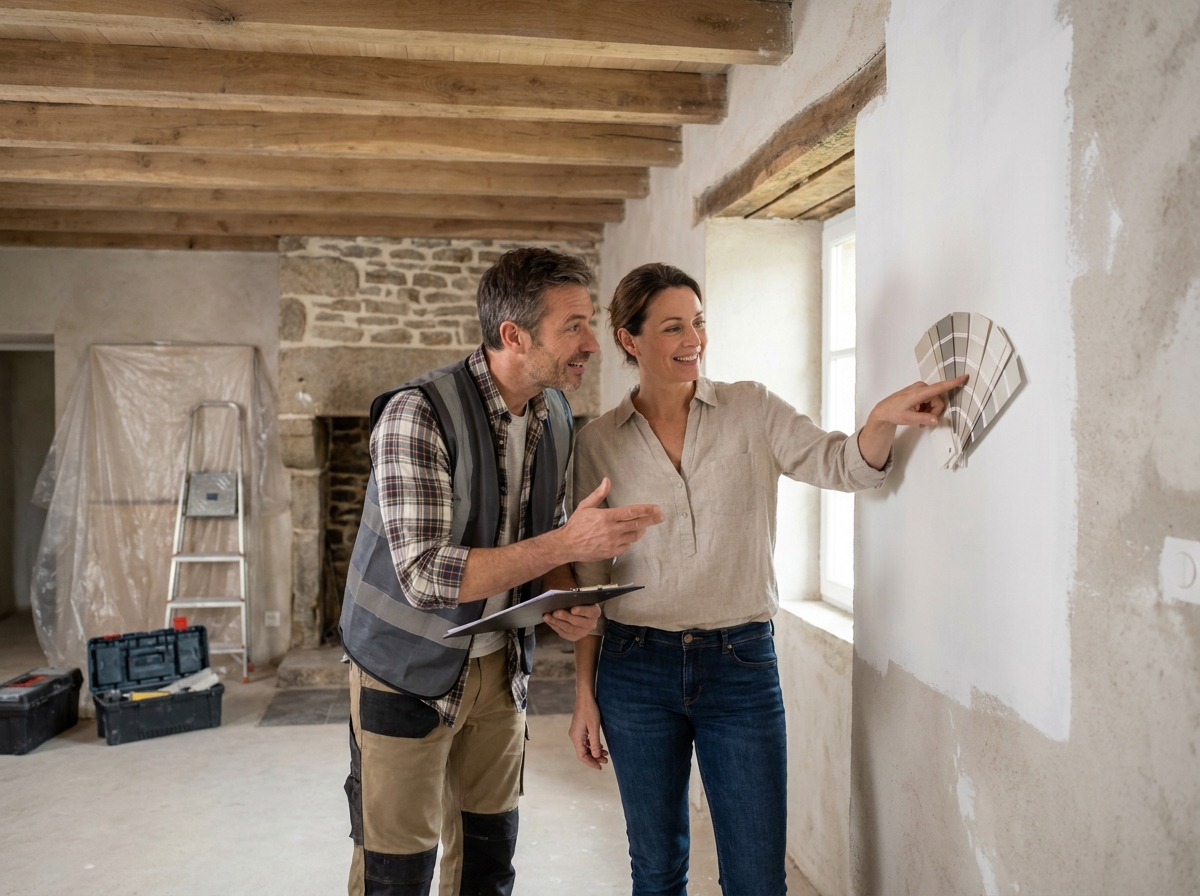 Propriétaire choisissant des teintes de peinture avec un artisan peintre dans une maison en pierre bretonne en rénovation