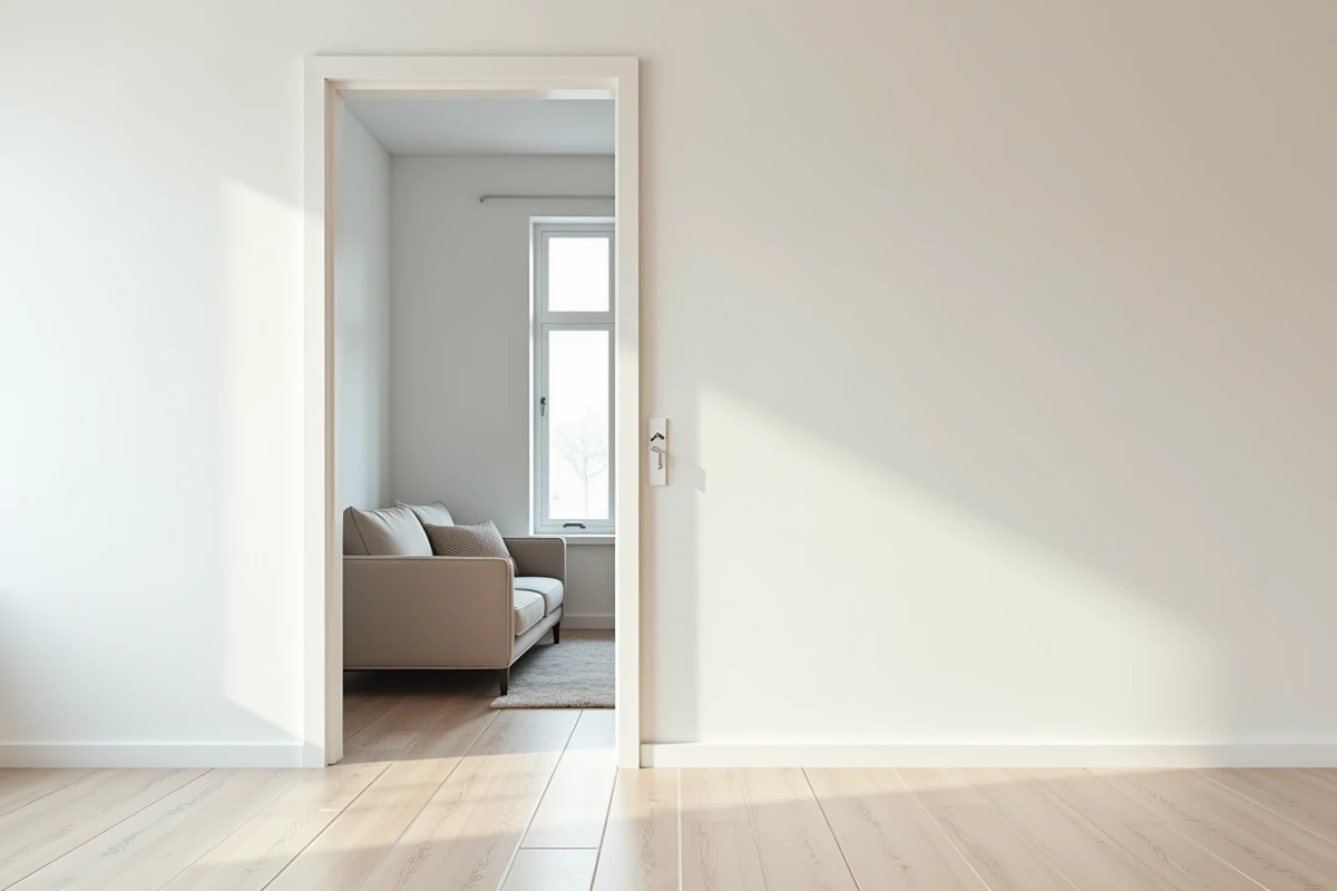 Cloison demi-stil terminée et peinte en blanc dans un appartement moderne avec ouverture de porte intégrée